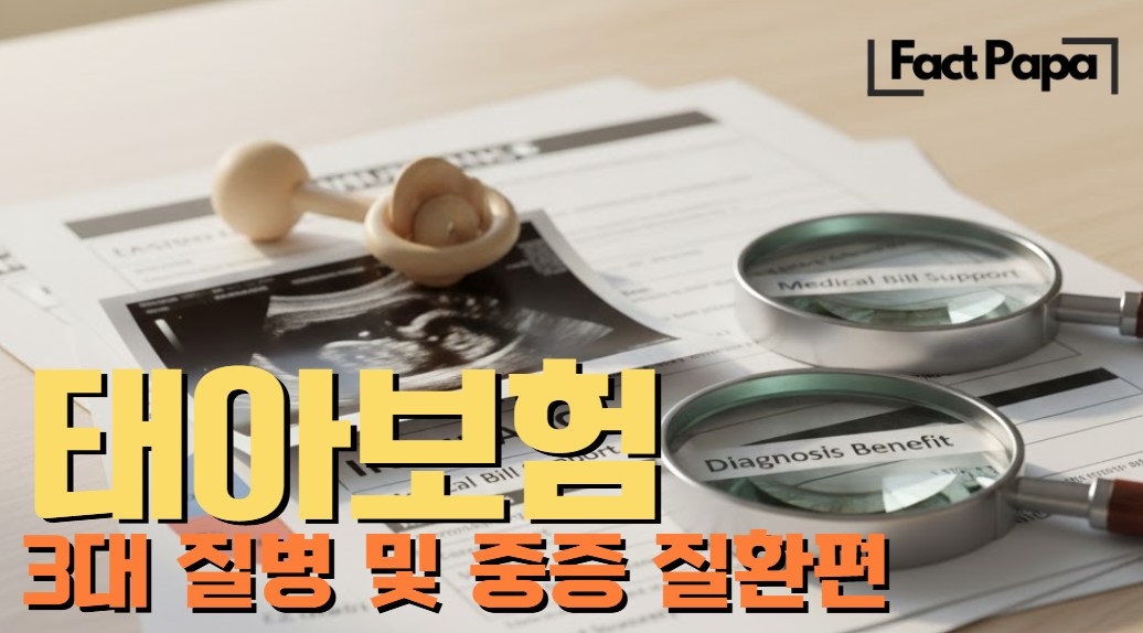 아기 초음파 사진과 돋보기로 태아보험 제안서의 진단비와 의료비 항목을 정밀 분석하는 이미지 위로 '태아보험 3대 질병 및 중증 질환편'이라는 제목이 적힌 대표이미지